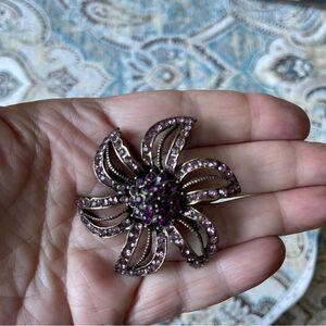Crystal Flower Brooch Pendant Antiqued Gold Tone Pink Purple Swirl